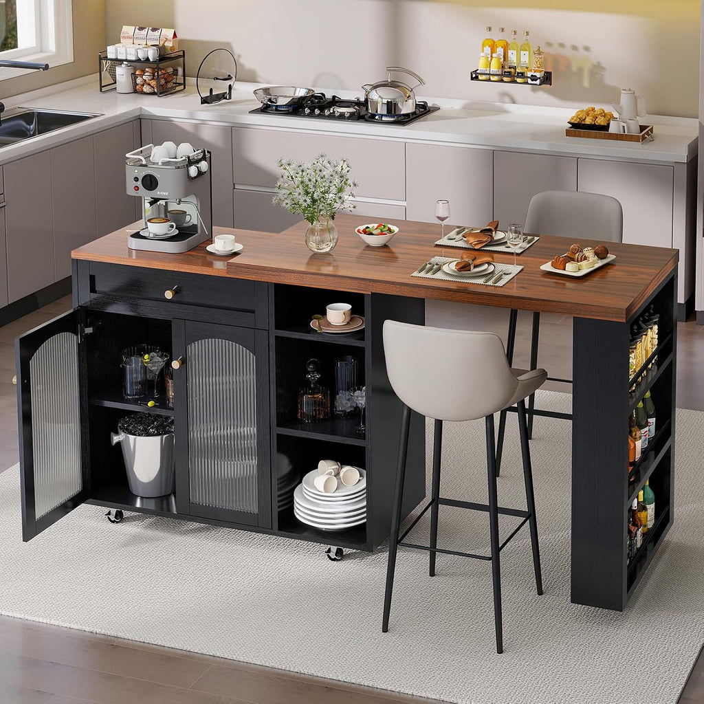LYNCOHOME 71.1' Rolling Kitchen Island with 360° Rotating Tabletop, Mobile Lockable Wheels & Adjustable Shelves, Multifunctional Storage Cart for Kitchen & Dining（Black）