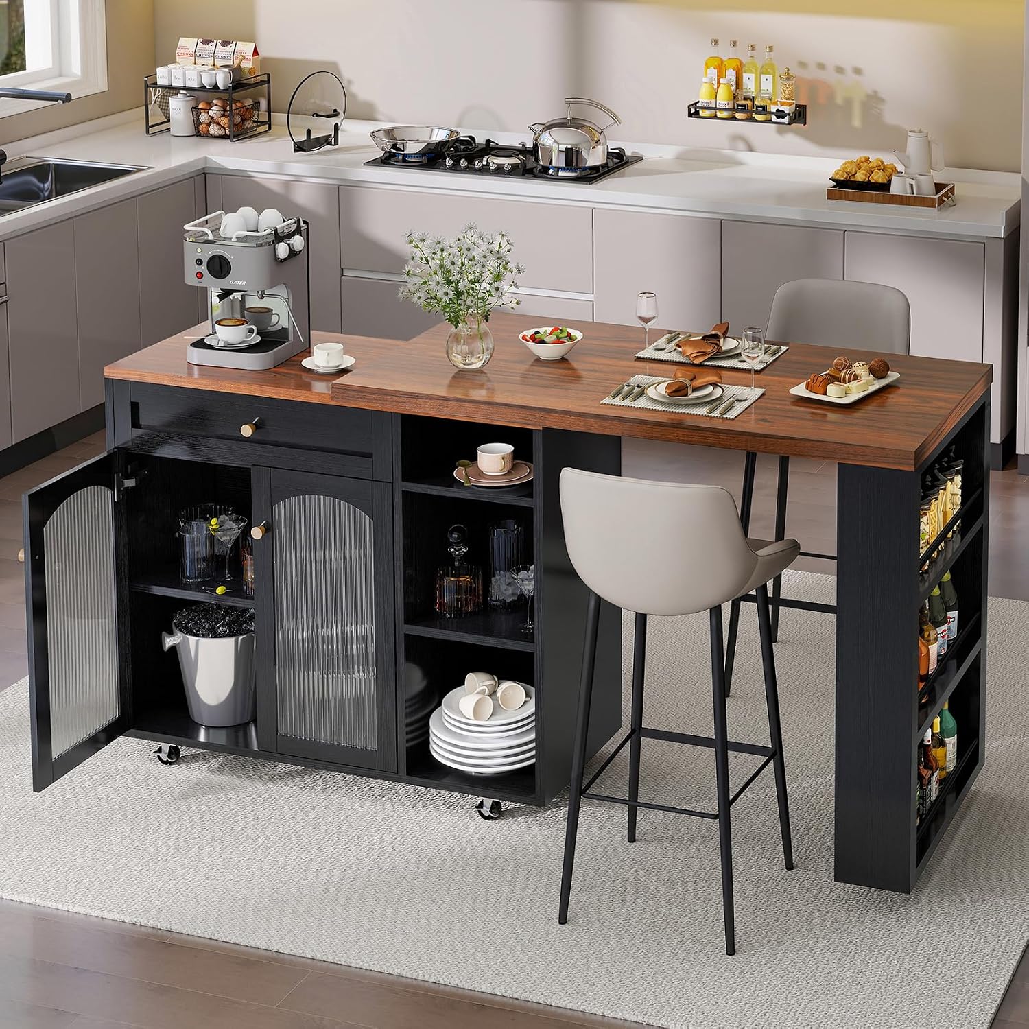 LYNCOHOME 71.1' Rolling Kitchen Island with 360° Rotating Tabletop, Mobile Lockable Wheels & Adjustable Shelves, Multifunctional Storage Cart for Kitchen & Dining（Black）