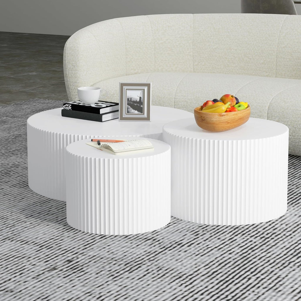 WILLIAMSPACE White Round Coffee Table Set of 3, Modern Circle Wood Coffee Table Set, 3 Peice Nesting Coffee Accent Side Table End Table for Home Office, No Assembly (3 PCS, White)