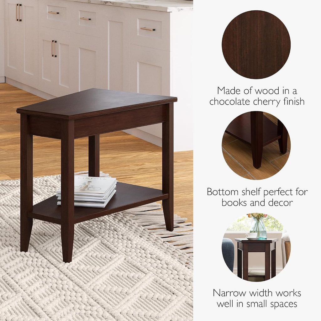 Laurent Solid Wood Recliner Wedge End Side Table with Shelf, Chocolate Cherry Brown, Perfect for Living Rooms, Bedrooms, and Small Spaces – Leick Home, 10502