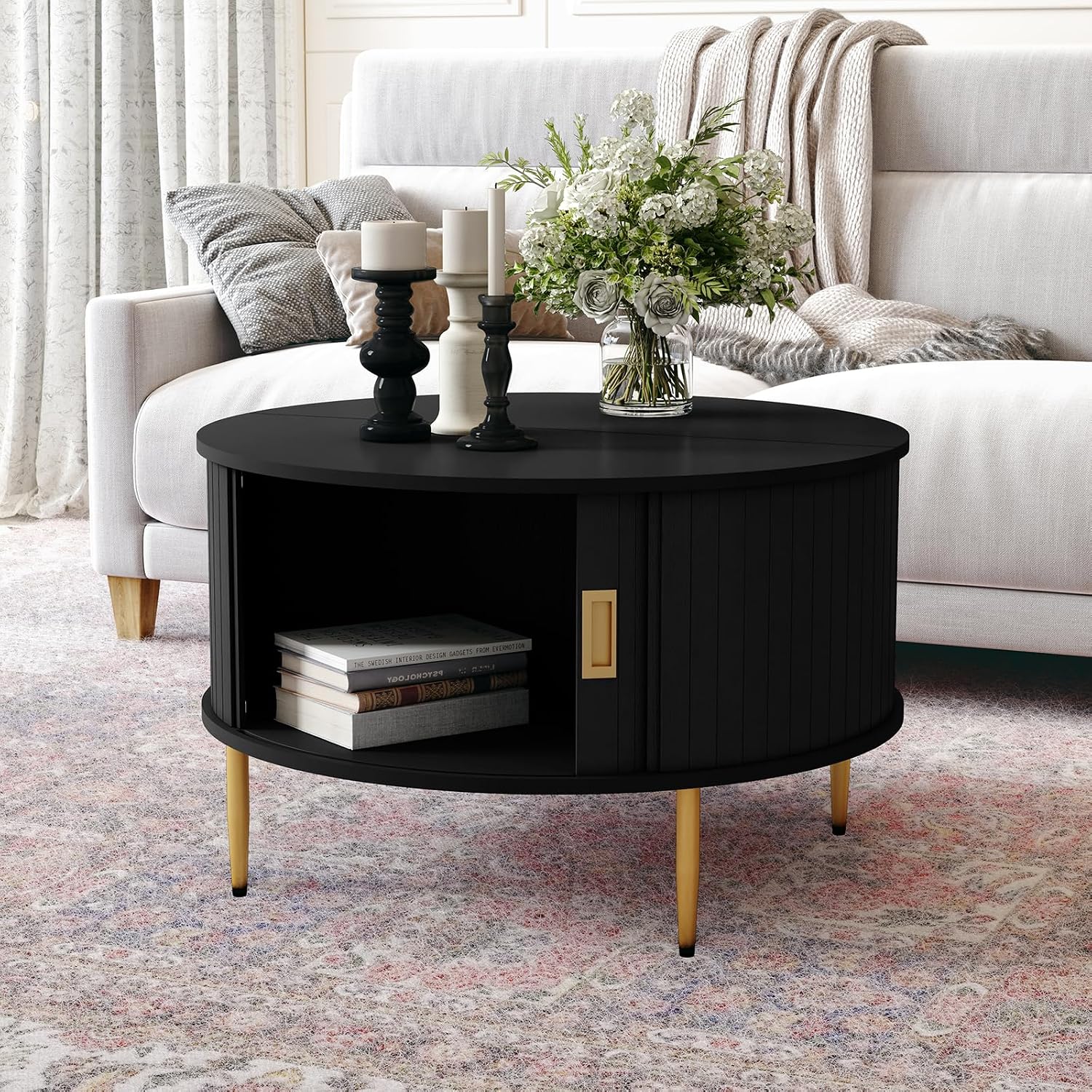 ARTPOWER 31.7' Round Coffee Table with Tambour Door, Mid Century Center Table for Living Room, Small Wood Fluted Circle Coffee Table with Storage, Black