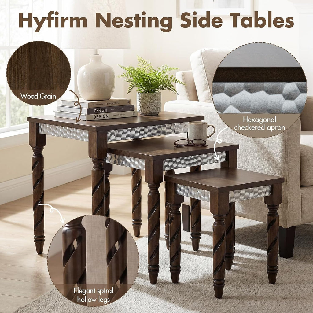Hyfirm Nesting Tables Set of 3, Walnut Mid Century Modern Accent Tables with Spiral Rubber Wood Legs & Silver Honeycomb Apron, Retro Stackable Side Tables for Living Room, Bedroom & Small Apartments