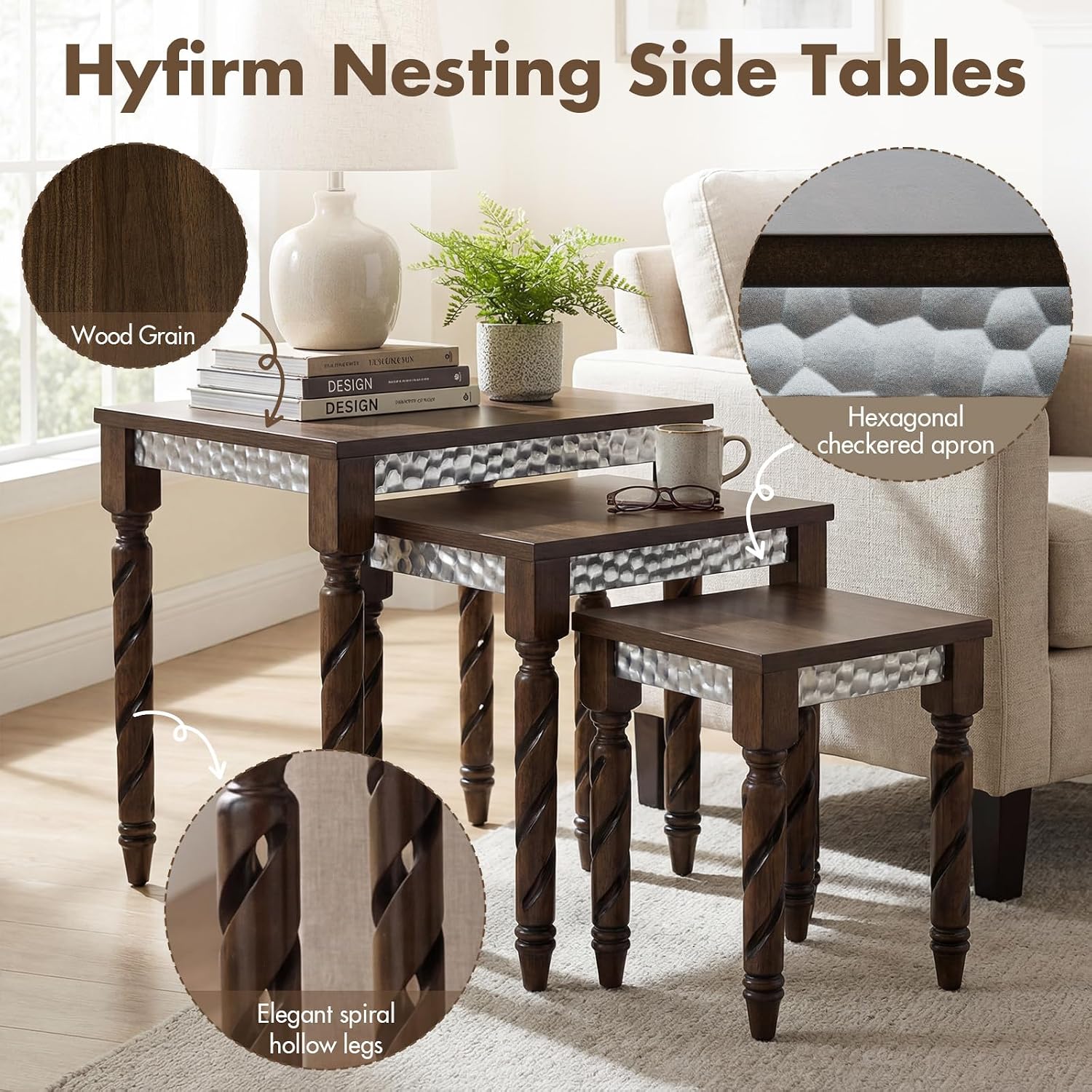 Hyfirm Nesting Tables Set of 3, Walnut Mid Century Modern Accent Tables with Spiral Rubber Wood Legs & Silver Honeycomb Apron, Retro Stackable Side Tables for Living Room, Bedroom & Small Apartments