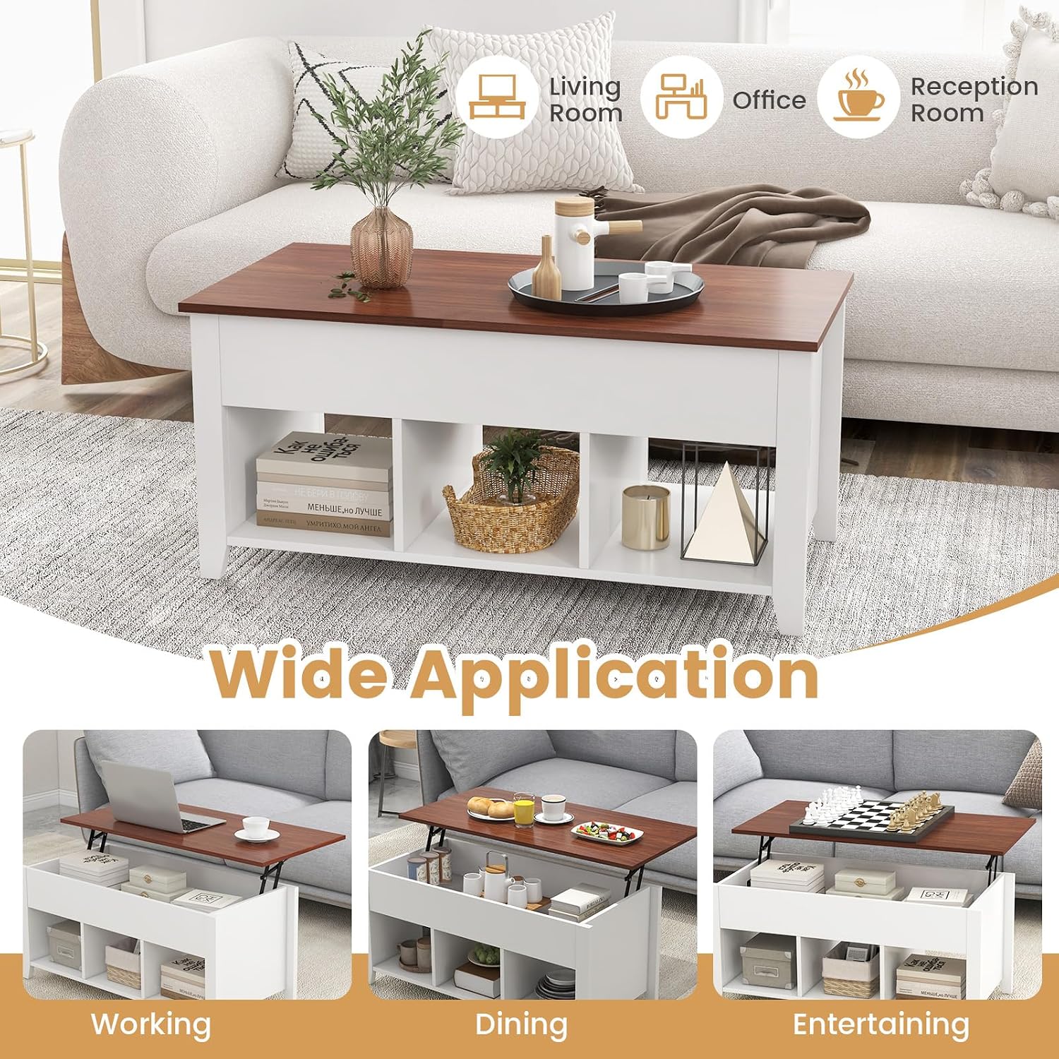 Giantex Lift Top Coffee Table - Rectangular Wooden Table w/Hidden Compartment & Open Storage Shelves, Multifunctional Modern Flip Top Center Table for Living Room, Reception Room, Office (White)