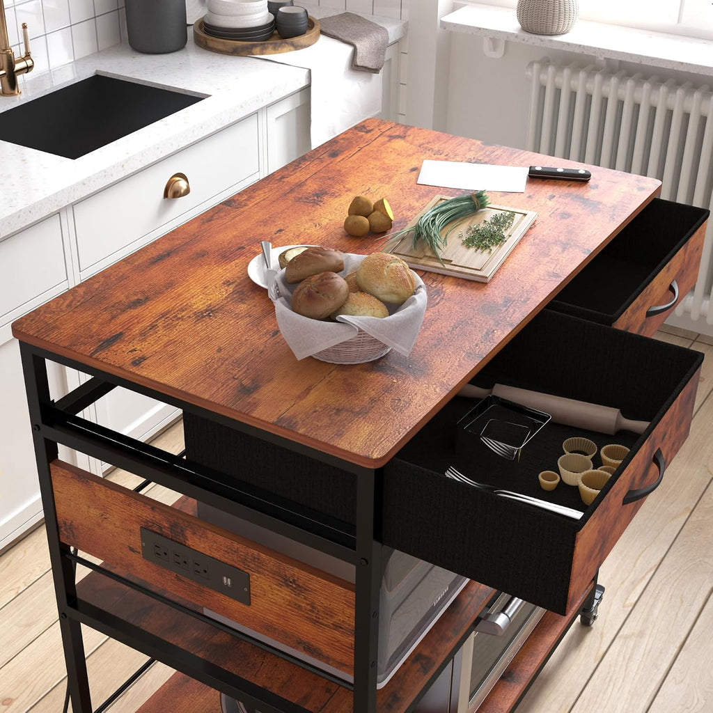 Kitchen Island with Storage,Rolling Kitchen Island Cart with Power Outlet,Industrial Kitchen Island on Wheels,Kitchen Cart for Home