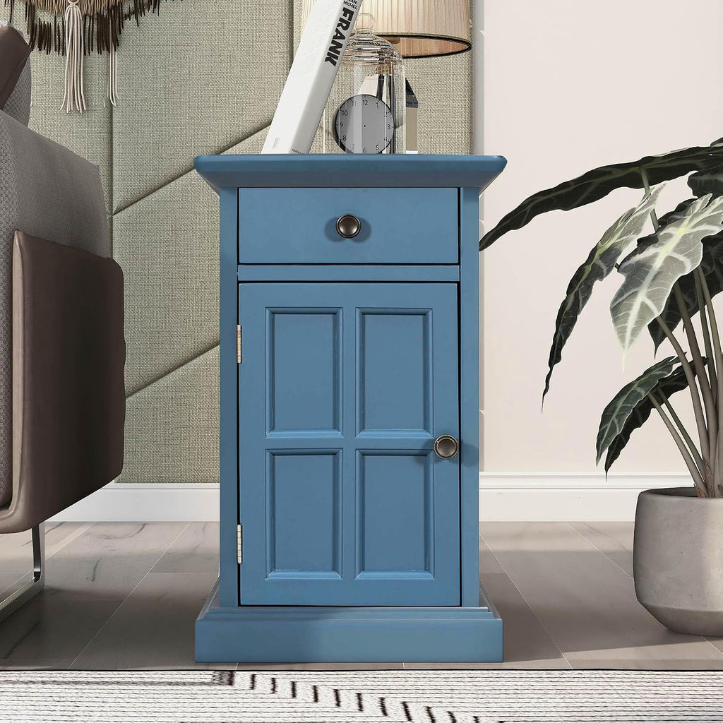 Traditional Wood End Table with Charging Station, Modern Vintage Sofa Chair Side Table Nightstand with Storage & Drawer for Living Room Bedroom, No Assembly, Antique Navy