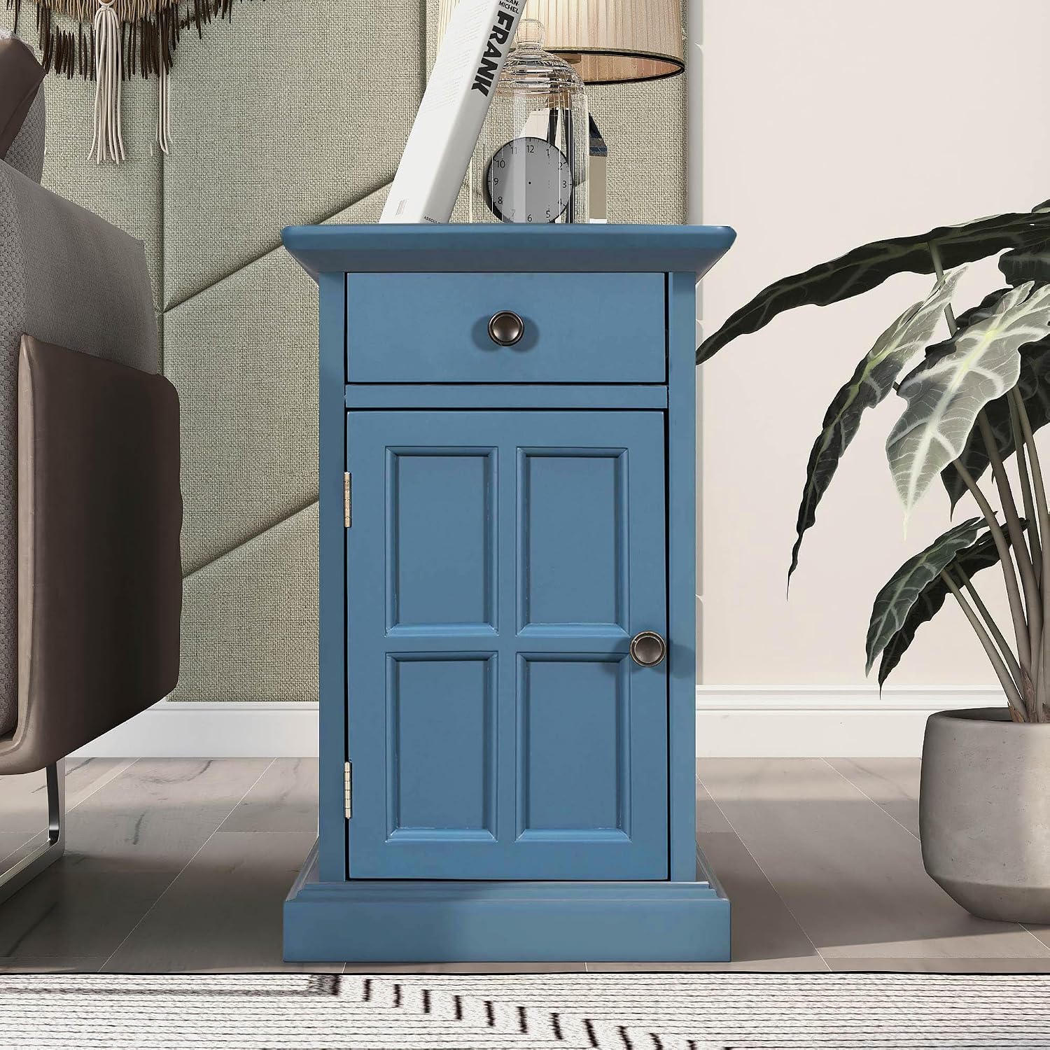 Traditional Wood End Table with Charging Station, Modern Vintage Sofa Chair Side Table Nightstand with Storage & Drawer for Living Room Bedroom, No Assembly, Antique Navy
