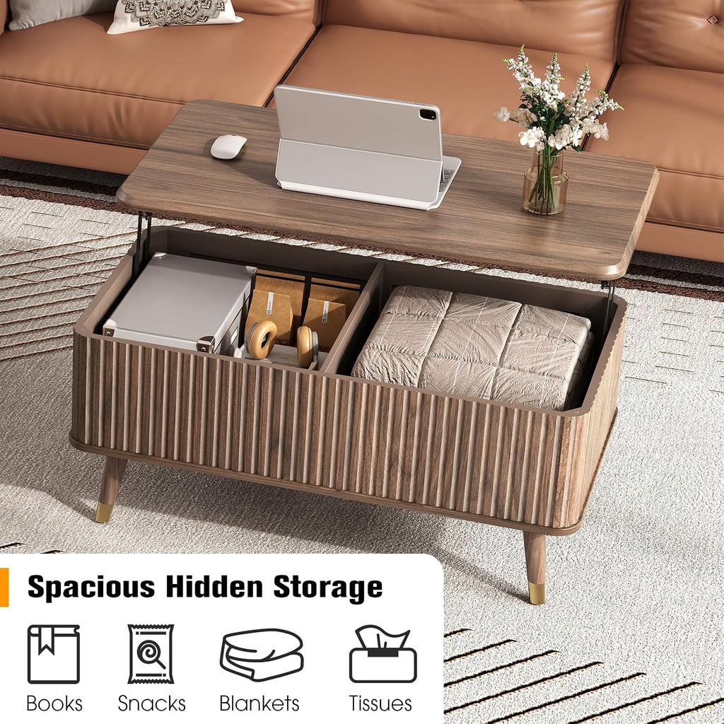 Lift Top Coffee Table with Storage, Mid Century Modern Coffee Table with Solid Wood Legs, 38' Minimalist Fluted Center Table for Living Room, Home Office, Walnut