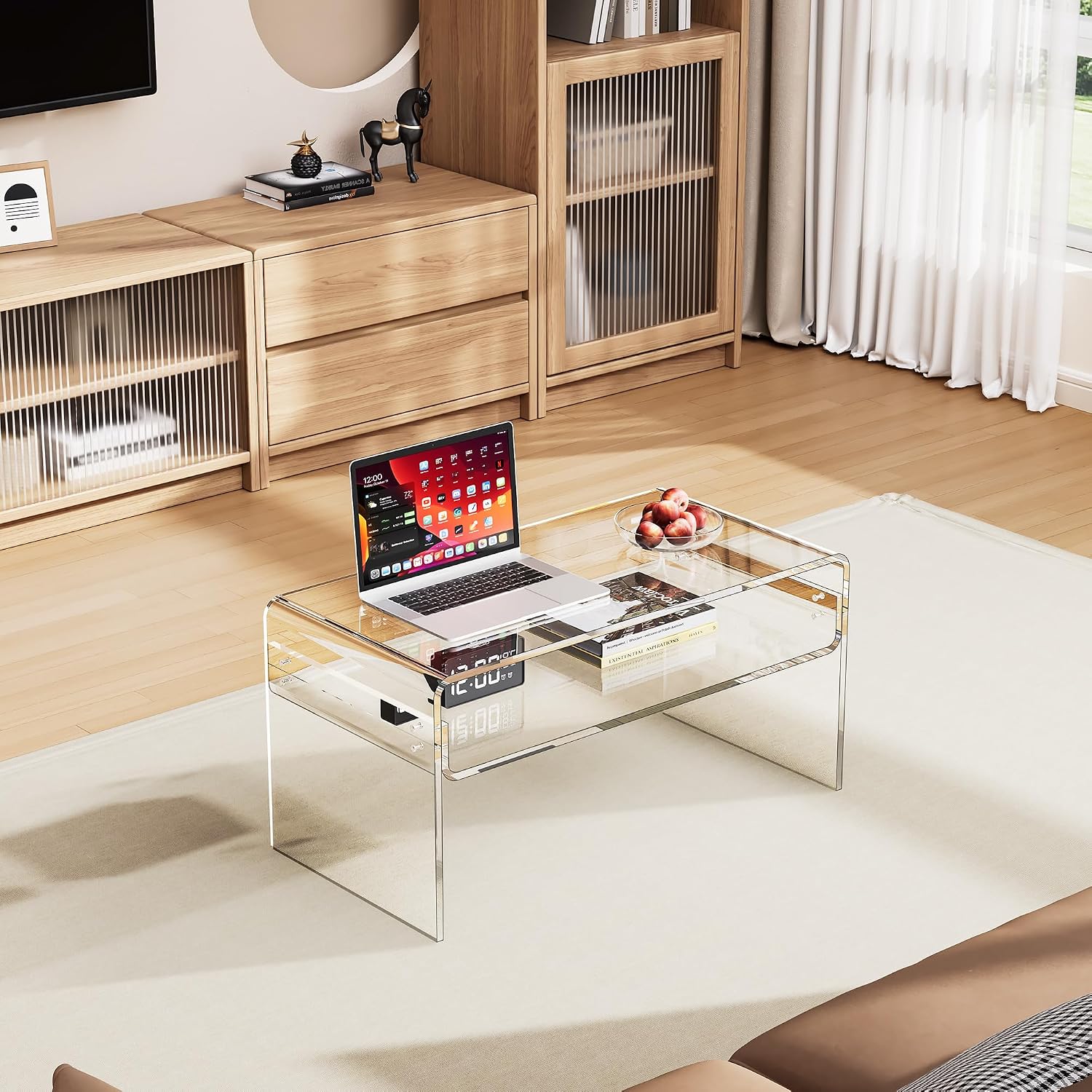 Acrylic Coffee Table for Living Room Clear Rectangle Lucite Table with Open Storage Shelf (1, Clear, Nomal)