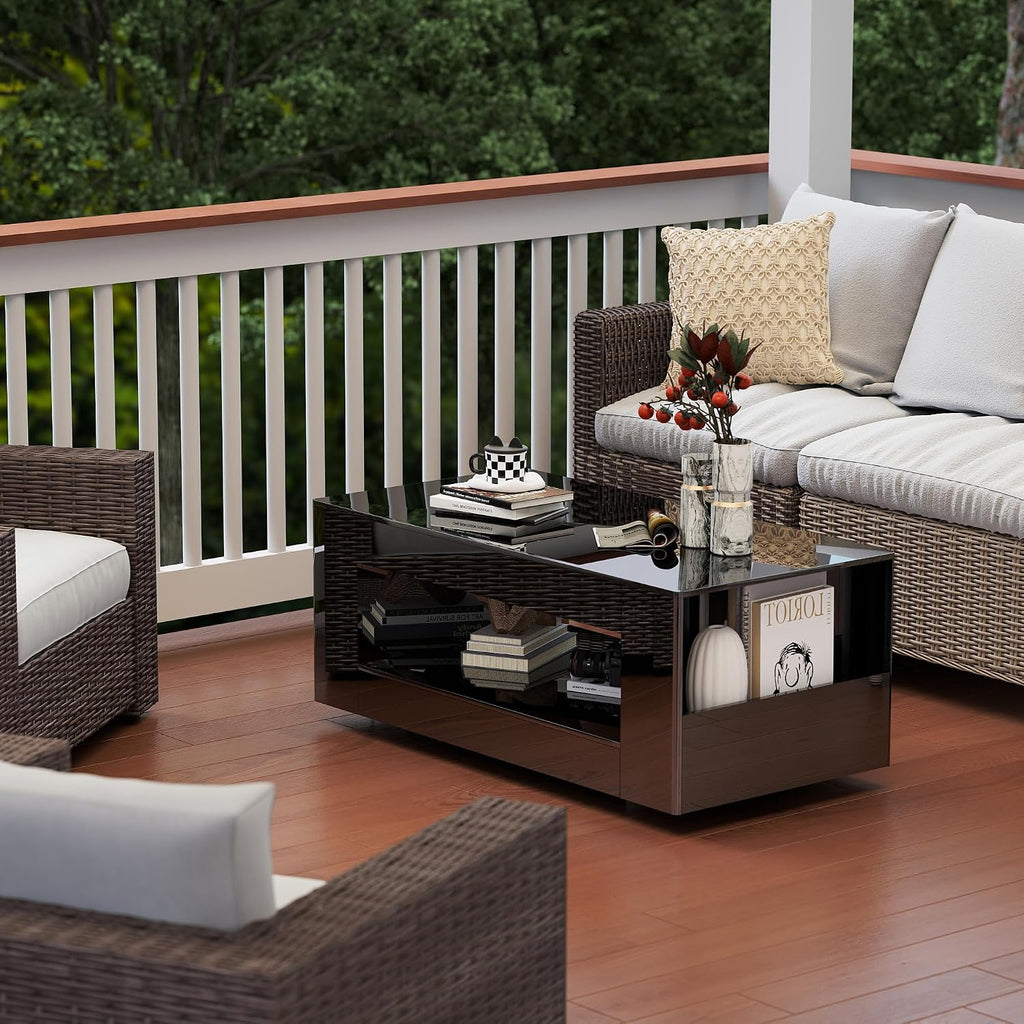 Glossy Coffee Table with Open Shelf Storage - High Gloss Modern Cocktail Table for Living Room, Bedroom, Office