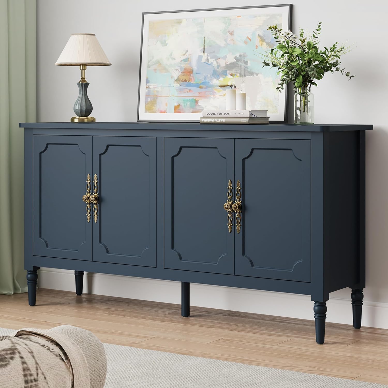 RoyalCraft Buffet Cabinet with Storage, Vintage Sideboard with Adjustable Shelves, Mid Century Modern Painted Credenza Coffee Bar for Kitchen, Dining Room, Entryway, Blue