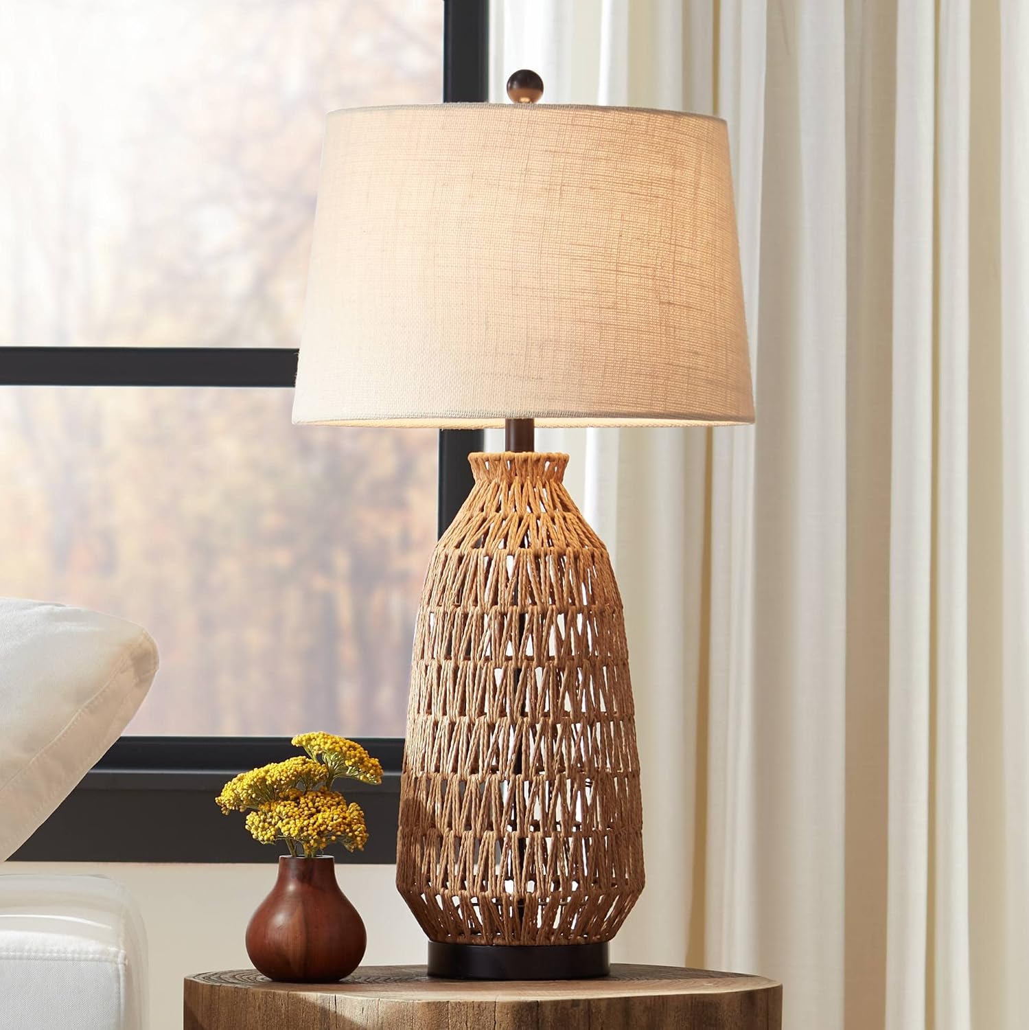 360 Lighting San Carlos Coastal Cottage Core Modern Table Lamp 29' Tall Natural Rattan Wicker Bronze Oatmeal Fabric Tapered Drum Shade for Bedroom Living Room House Home Bedside Nightstand Office
