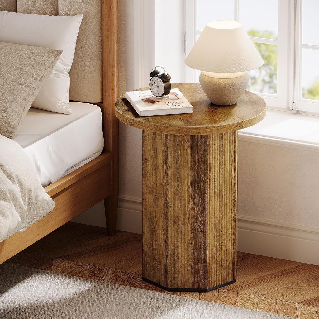 Tribesigns 2pcs Round End Table, Farmhouse Pedestal Side Table, Fluted Wooden Nightstand Drink Stand for Living Room, Bedroom (2)