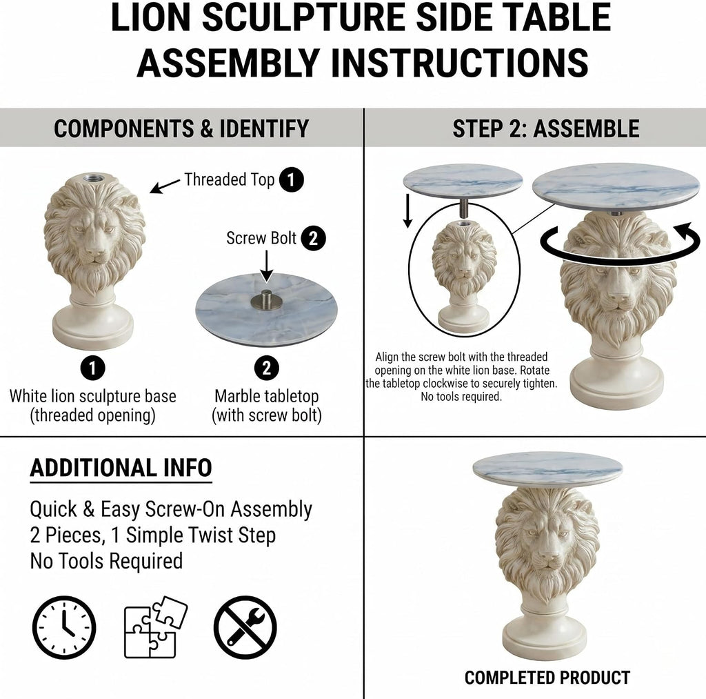 White Lion Head Sculptural Side Table with Faux Marble Top, 19.68' Round Resin Animal End Table, 25.59' H Majestic Accent Table for Living Room & Entryway, Regal Housewarming Gift