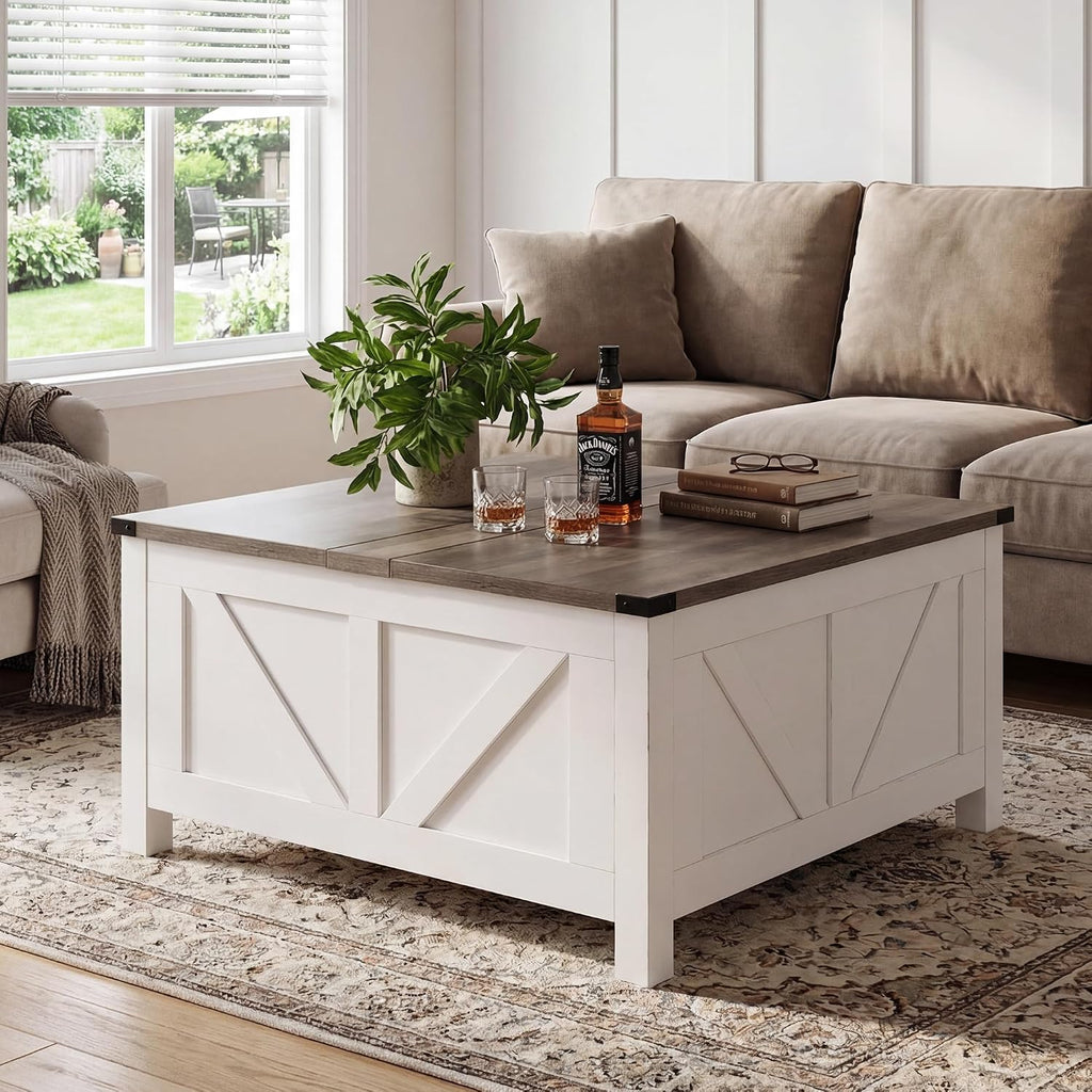 35' Farmhouse Coffee Table with Large Storage, Rustic Wood Lift Top Coffee Table for Living Room, Square Center Table with Charging Station&USB, Modern Port Pottery Barn Lift top Table