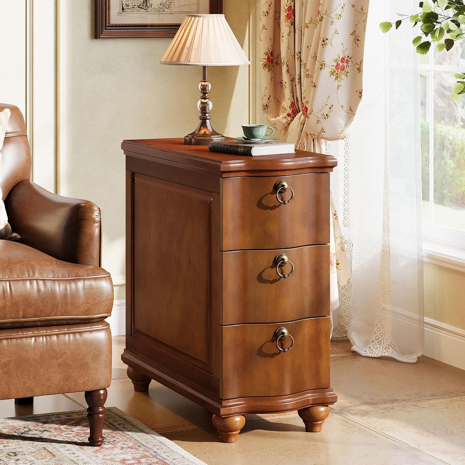 Tribesigns Wood Fully Assembled End Table, 3-Drawers Narrow Slim Side Table, No Assembly Required, Nightstand for Bedside, Small Spaces, Living Room, Bedroom, Walnut Brown