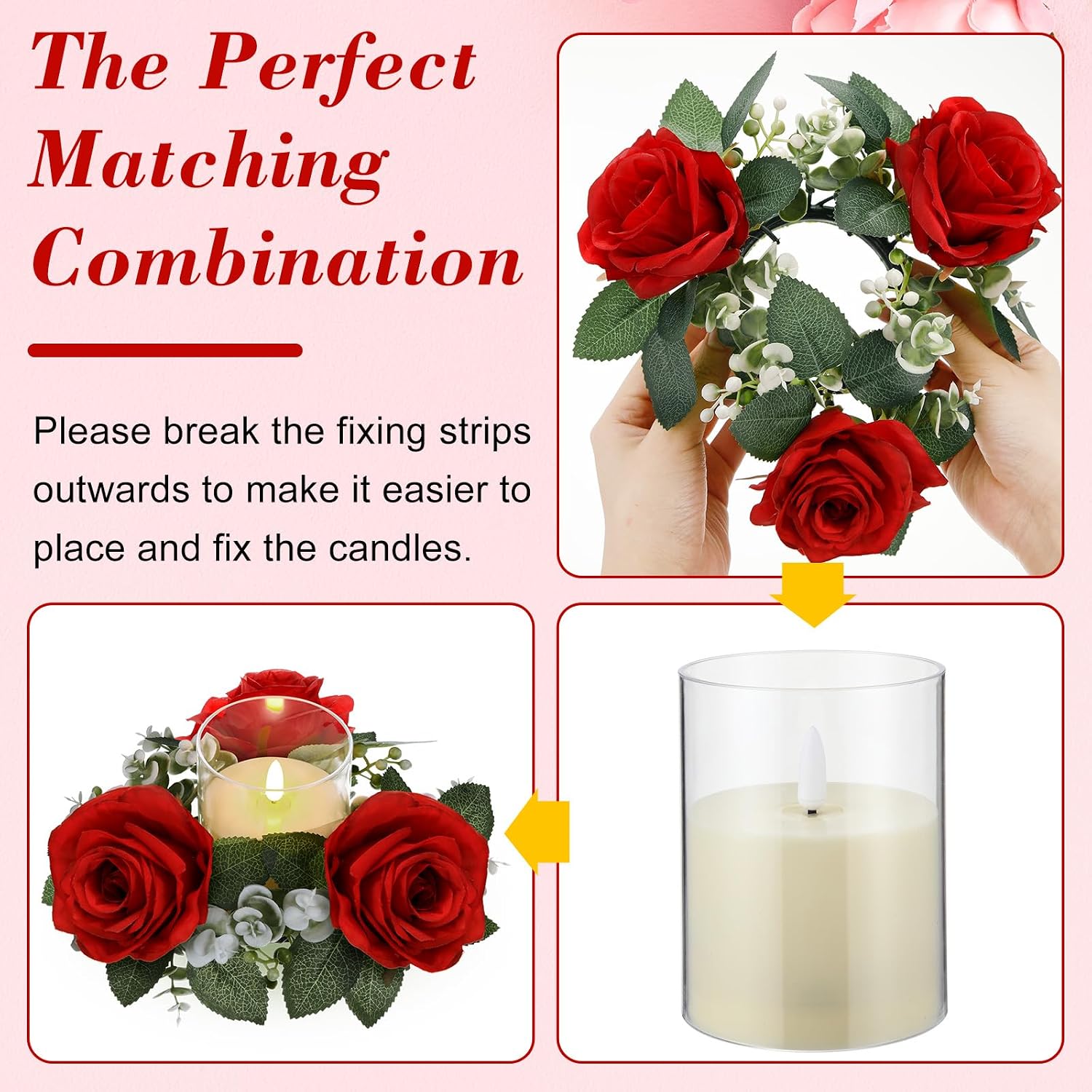 Yunlly 36 Pcs Rose Candle Rings with Flameless Candles Sets, Artificial Flower Eucalyptus Wedding Centerpiece 3 Inch Pillar Candleholders Wreaths for Wedding Party Mother's Day (Red)
