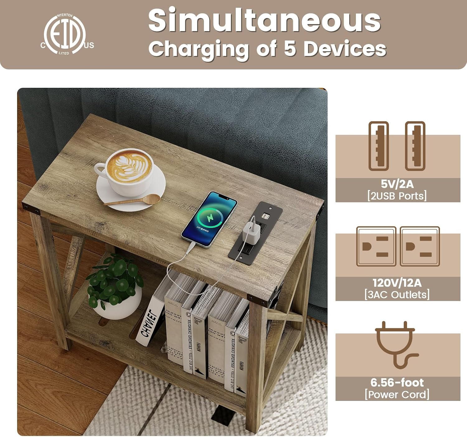 Hadulcet Farmhouse End Tables Living Room Set of 2 - Narrow Side Table with Charging Station, Slim Nightstand for Small Space, Skinny Bedside Table, Sofa Side Table with Storage Shelf, Elegant Gray