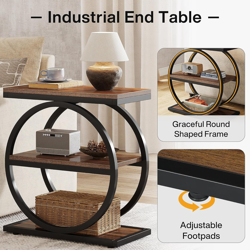 Tribesigns End Table Set of 2, Narrow End Table with 3 Storage Shelves, Wooden Side Table, Industrial Small Sofa Side Table for Living Room, Slim Nightstand and Bedside Table for Bedroom