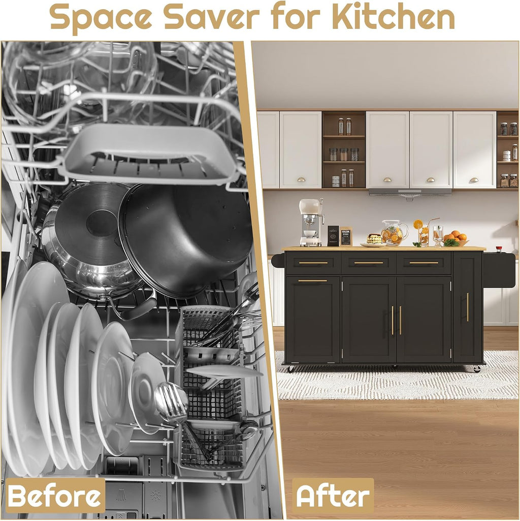 69' Large Kitchen Island on Wheels, Kitchen Rolling Island Cart with Trash Storage Cabinet, Power Outlet, 3-Tier Pull-out Storage Trays, Drop Leaf, Spice Rack, Mobile Island Table for Kitchen, Black