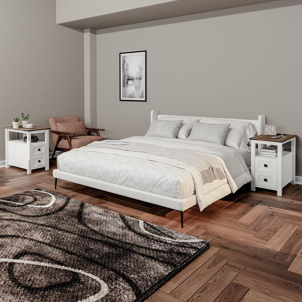 VVFLU Farmhouse Nightstand with Charging Station and 2 Storage Drawers, Bedside Table with Barn Door and Shelf, Rustic End Table Side Table for Bedroom, Living Room, Sofa