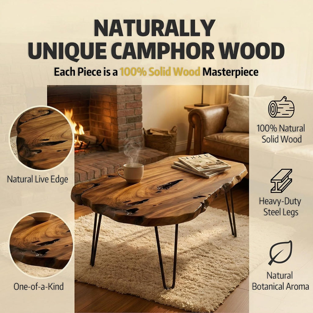 Live Edge Coffee Table, Large Natural Wood Coffee Table for Living Room, Unique Wooden Table with Easy Assembly & Solid Wood Construction