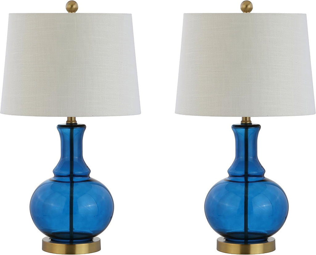 JONATHAN Y 25' Cobalt Blue/Brass Gold and Brass Gold Glass Table Lamp Set of 2 for Bedroom, Modern Bedside Lamp for Living Room Nightstand, White Linen Drum Shade, LED Bulb Included (JYL1068C-SET2)