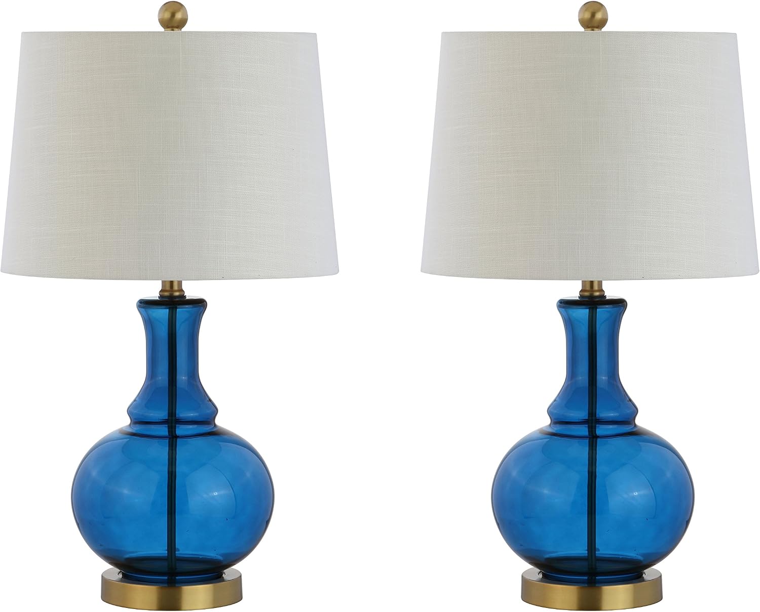 JONATHAN Y 25' Cobalt Blue/Brass Gold and Brass Gold Glass Table Lamp Set of 2 for Bedroom, Modern Bedside Lamp for Living Room Nightstand, White Linen Drum Shade, LED Bulb Included (JYL1068C-SET2)