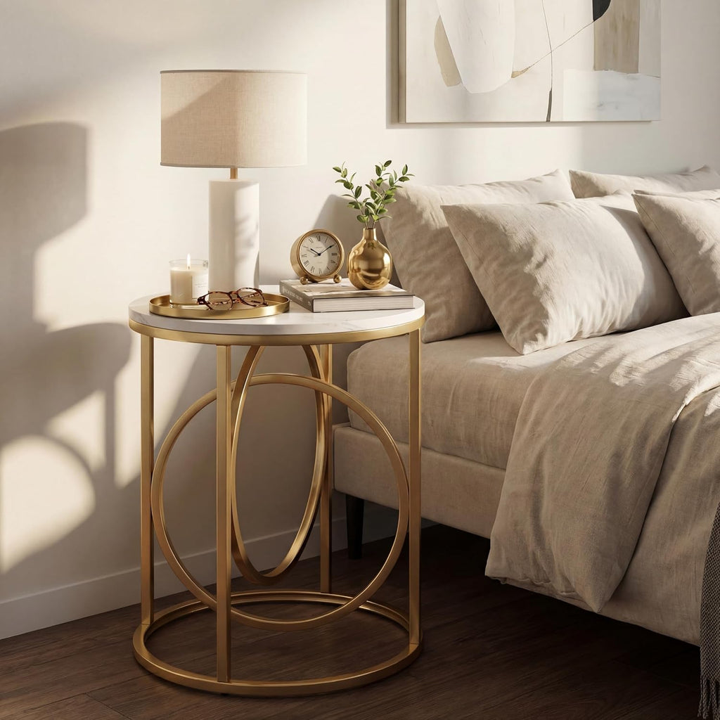 LITTLE TREE 20' Round End Table，Modern Sofa Side Table with Gold O-Shaped Base, Faux Marble White Cocktail Table Accent Table Nightstand for Living Room Bedroom, 2PCS