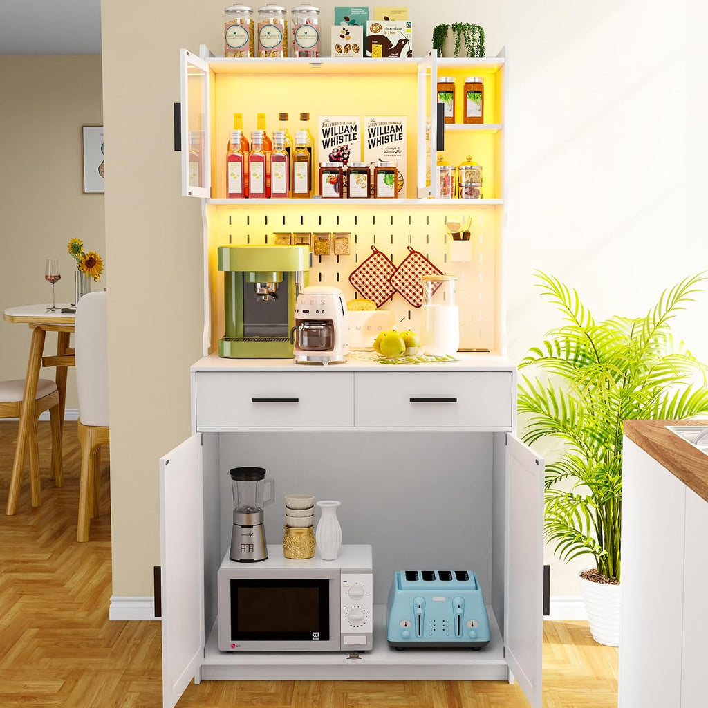 Gurexl 64' Farmhouse Kitchen Pantry with Auto Sensor LED,Storage Cabinets with 2 Outlets for Microwave & USB-C Ports,Hutch Cabinet with Pegboard,2 Cabinet,2 Drawers,1 Large Countertop