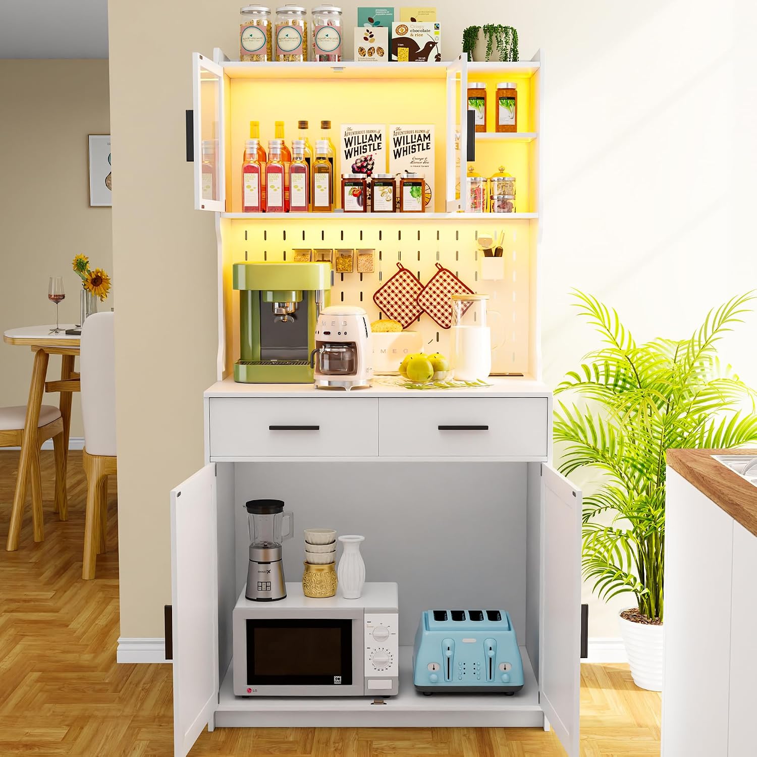 Gurexl 64' Farmhouse Kitchen Pantry with Auto Sensor LED,Storage Cabinets with 2 Outlets for Microwave & USB-C Ports,Hutch Cabinet with Pegboard,2 Cabinet,2 Drawers,1 Large Countertop