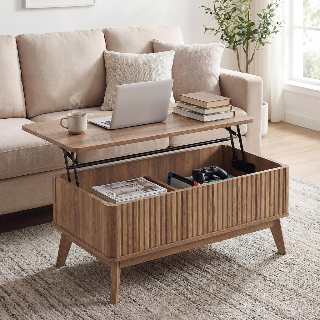 Giantex Lift Top Coffee Table with Storage, 35.5' Mid Century Modern Center Table with Solid Wood Leg & Hidden Compartment, Minimalist Fluted Living Room Table for Home Office, Oak