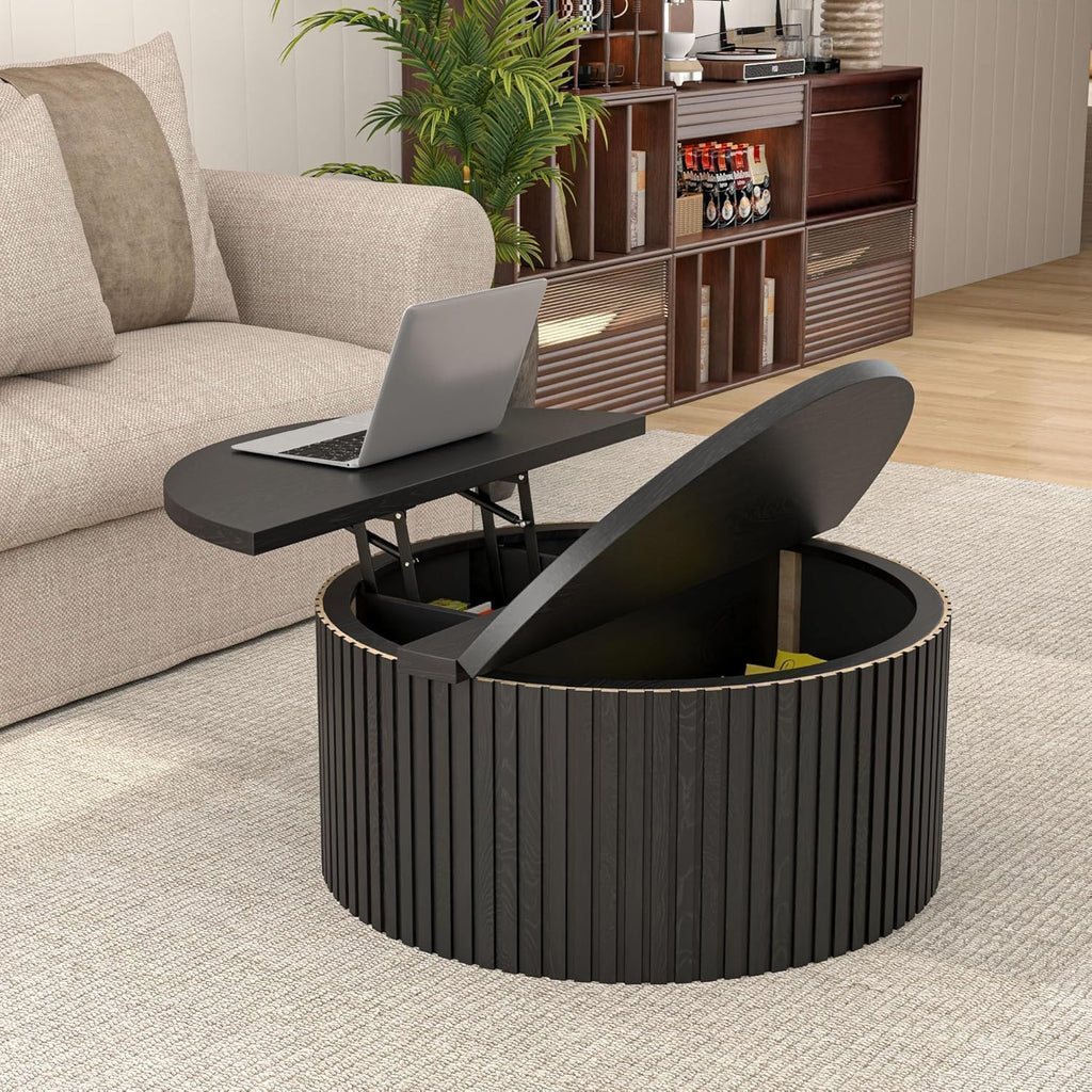 Fsbecl Fluted Lift Top Coffee Table with Storage, 34.6'' Round Coffee Tables for Living Room, Circle Wood Center Table with Hidden Conpartment (Black)