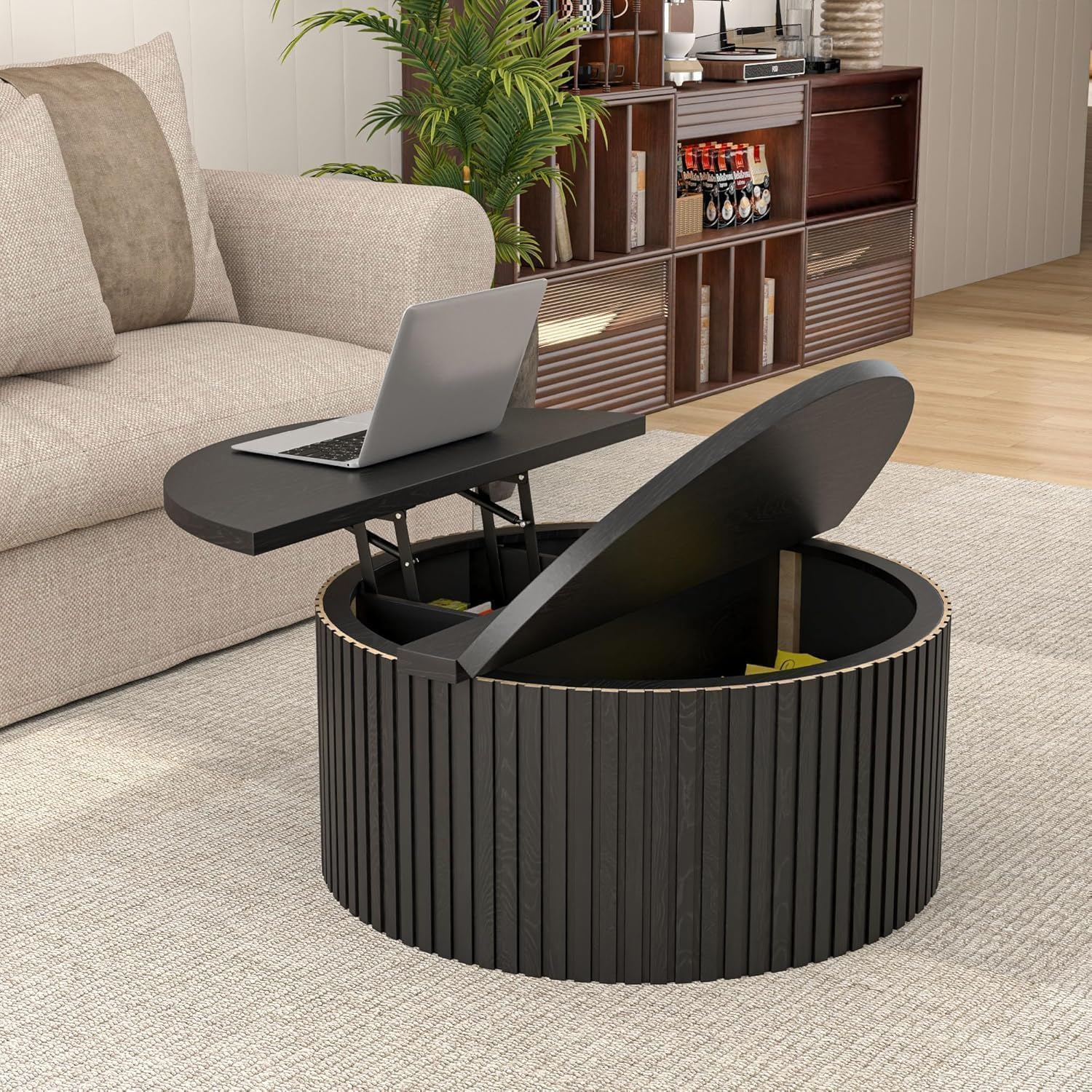 Fsbecl Fluted Lift Top Coffee Table with Storage, 34.6'' Round Coffee Tables for Living Room, Circle Wood Center Table with Hidden Conpartment (Black)