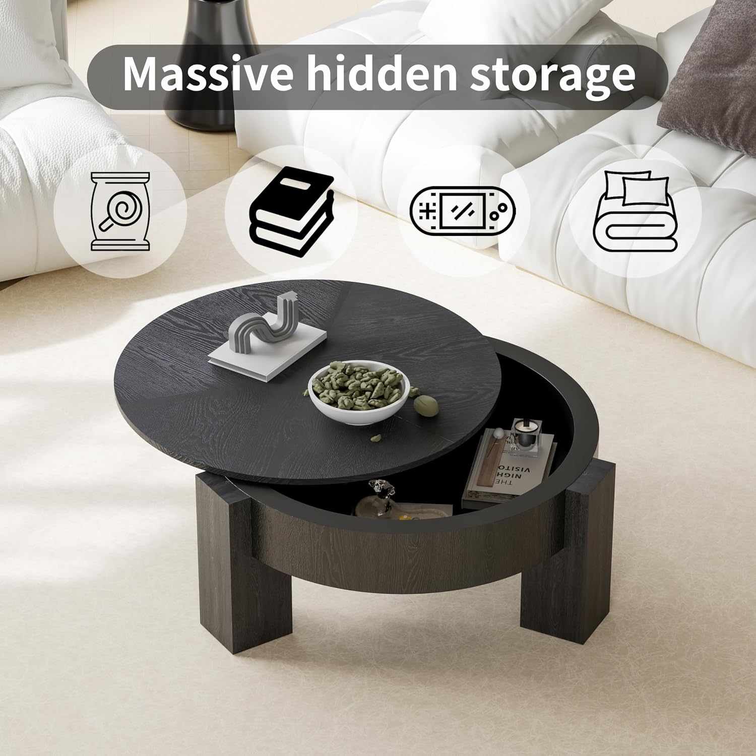 33'' Round Coffee Table with Hidden Storage, Modern Wood Veneer Top, 3 Block Legs Sturdy Center Accent Table for Living Room, Small Space, Black