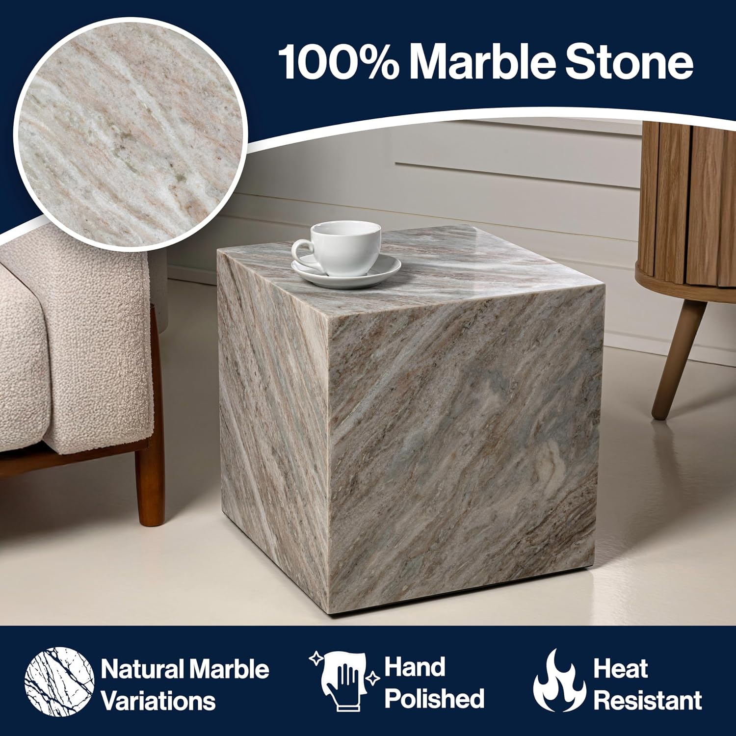 JONATHAN Y MTB1101A Felix 15' Contemporary Natural Marble Handmade Cube End Table for Living Room, Bedroom, Bathroom, Gray/Beige