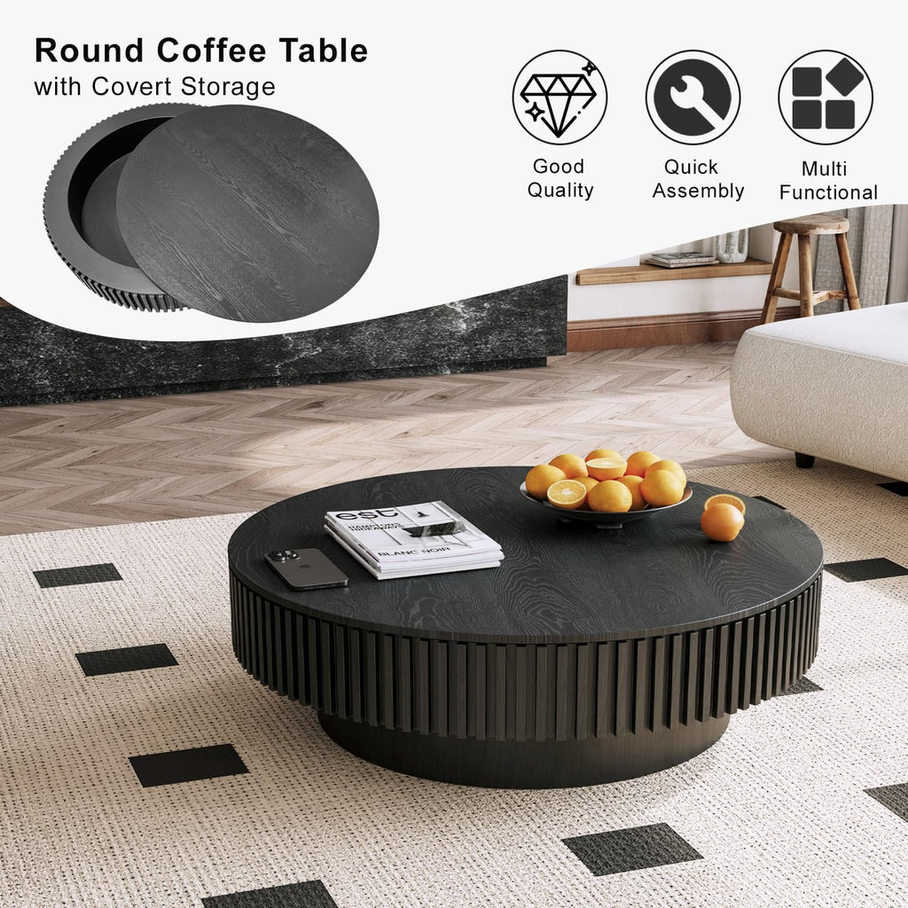 39'' Round Coffee Table with Storage, Modern Wooden Coffee Table with Solid Wood Veneered, Circle Center Table Accent Tea Table for Living Room Apartment Black