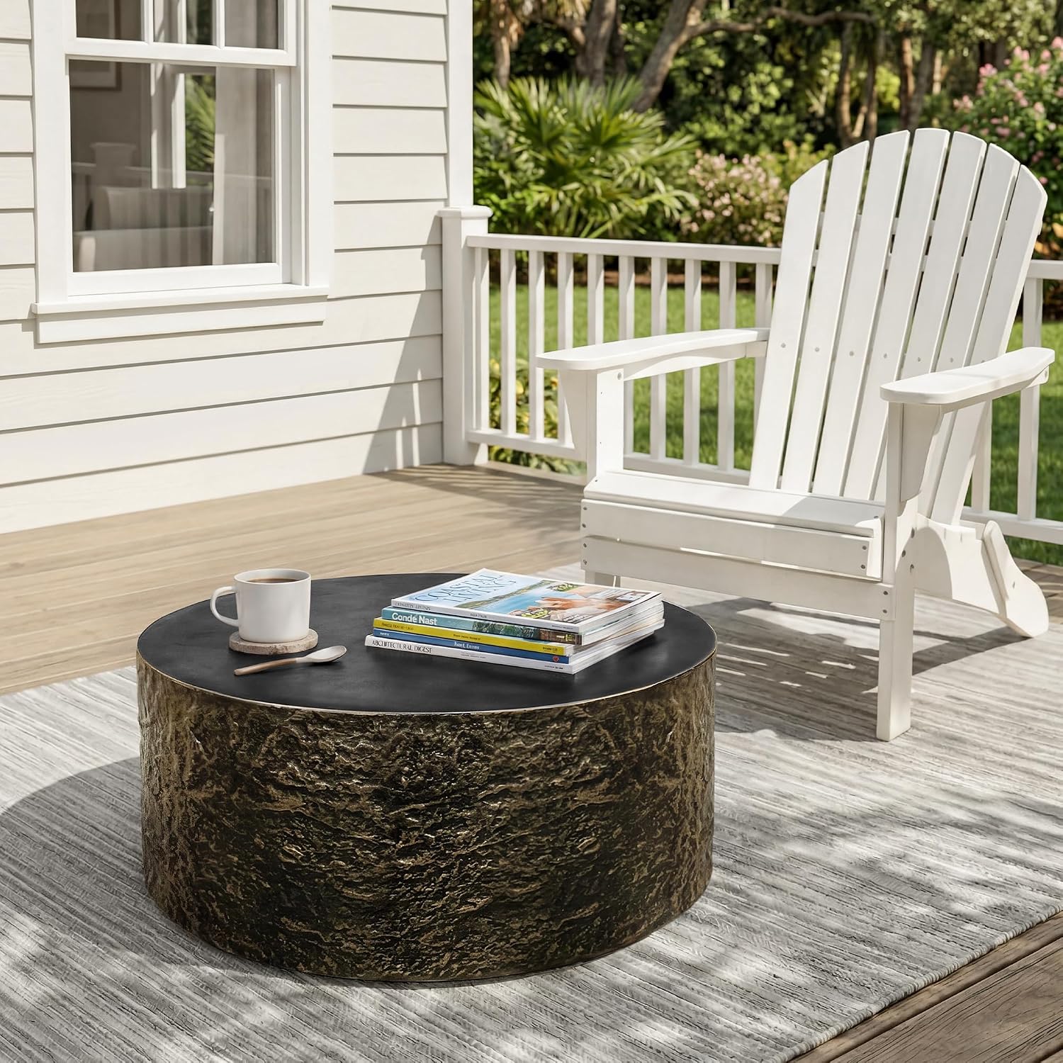 UPHA 28' Round Outdoor Coffee Table, Modern Hollow Concrete Patio Table, Small Minimalist Low Accent Table for Living Room, Balcony, Deck, Backyard, Bronze