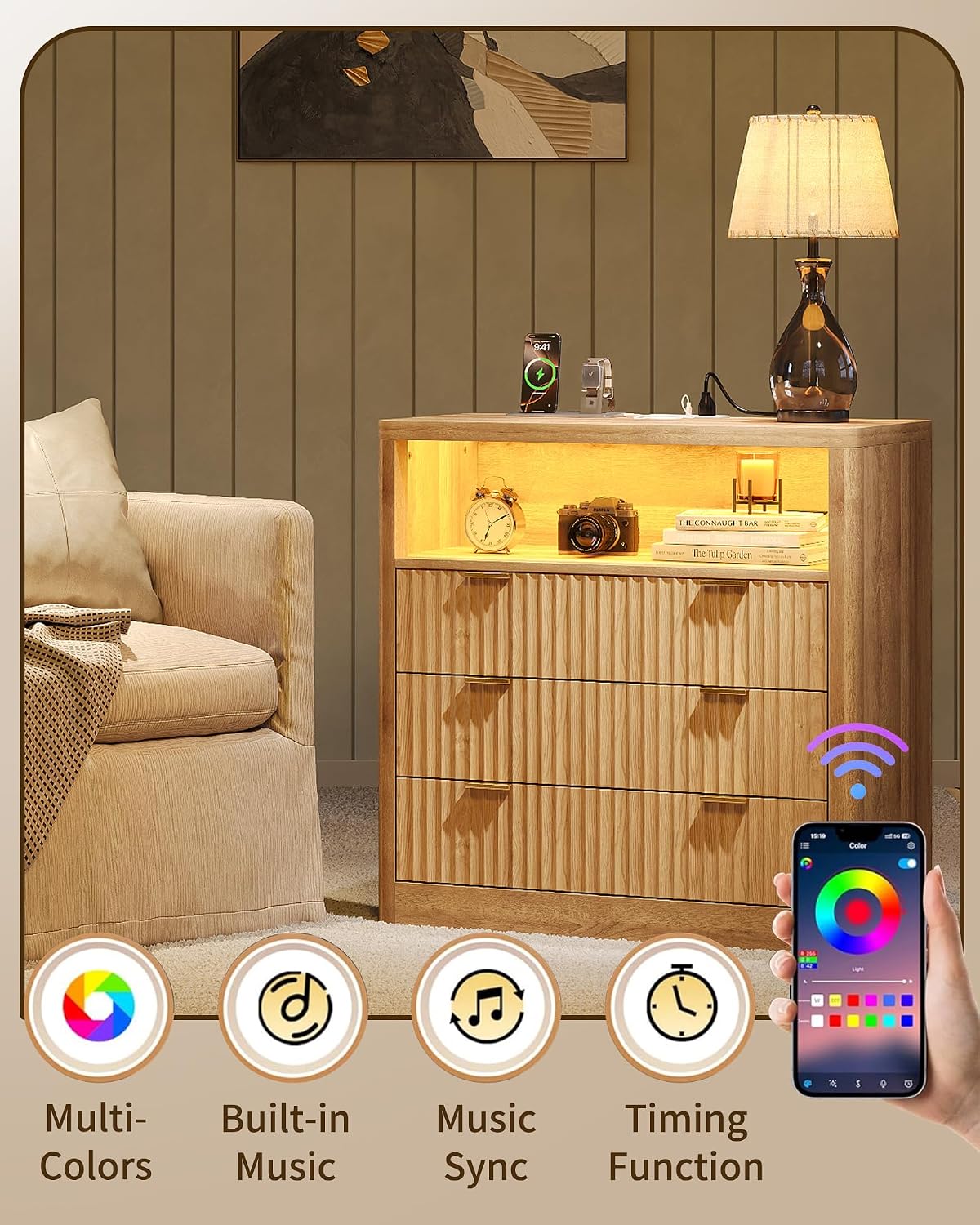 FUSOU Fluted Nightstands Set of 2, Night Stand with Charging Station and LED Lights, Modern Bedside Table with 3 Drawers and Open Shelf, End Table with Storage, Night Stand for Bedroom, Natural Oak