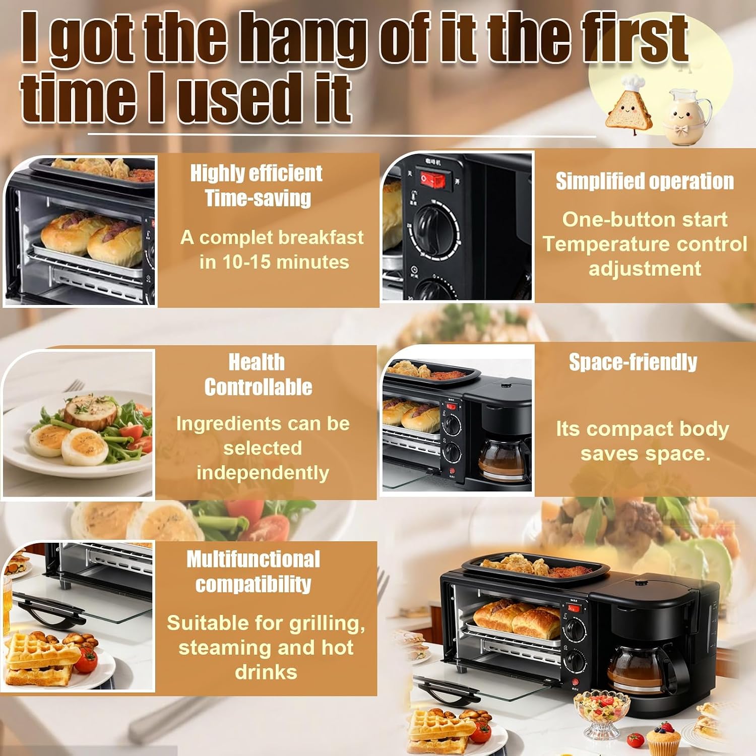 Breakfast Center 4-in-1 with Coffee Maker, Non-stick Skillet, 7L Toaster Oven and Dual Heating Elements, Compact Kitchen Appliance for Apartments and Dorm Living