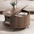 Round Coffee Table with Storage, 31.5' Mid Century Modern Coffee Table with Sliding Door & Solid Wood Legs, Minimalist Fluted Center Table for Living Room, Home Small Space, Walnut