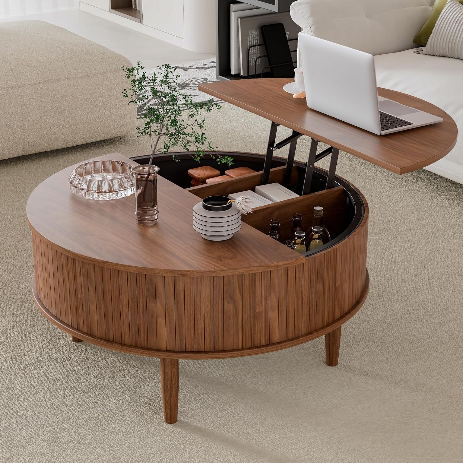 Round Fluted Lift Top Coffee Table with Storage, Mid Century Modern Coffee Table for Living Room, Home Small Space,31.5' Fluted Center Table (Walnut, 31.5inch)