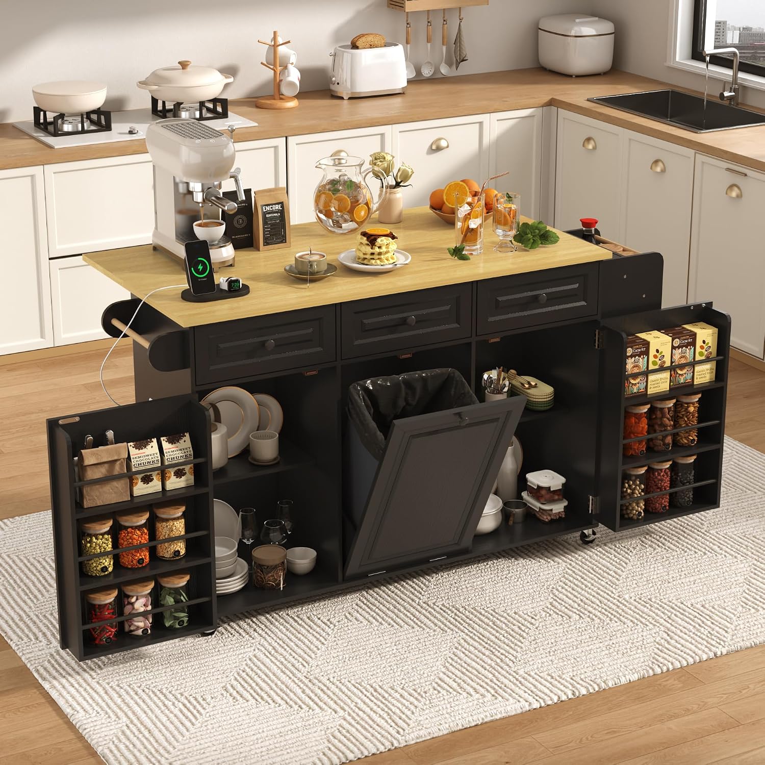 St.Mandyu 63 inch Rolling Kitchen Island with Power Outlet, Drop Leaf & Storage Cabinet - Mobile Cart with Hidden Trash Cabinet, Spice Rack, Shelves, and Towel Holder for Small Spaces,Black