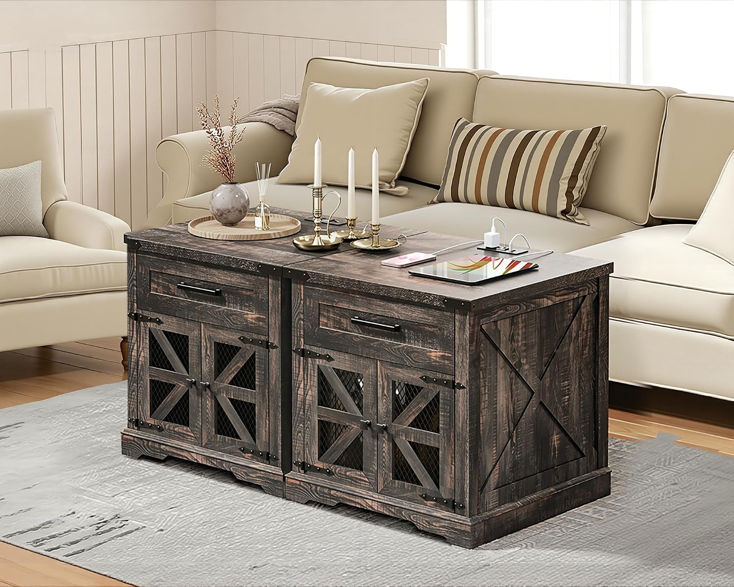 RALGEND Farmhouse End Table with Charging Station, 24' Large Sofa Side Table with Drawer, Large End Table for Living Room, Wooden Nightstand with Outlet, Square, Dark Rustic Oak