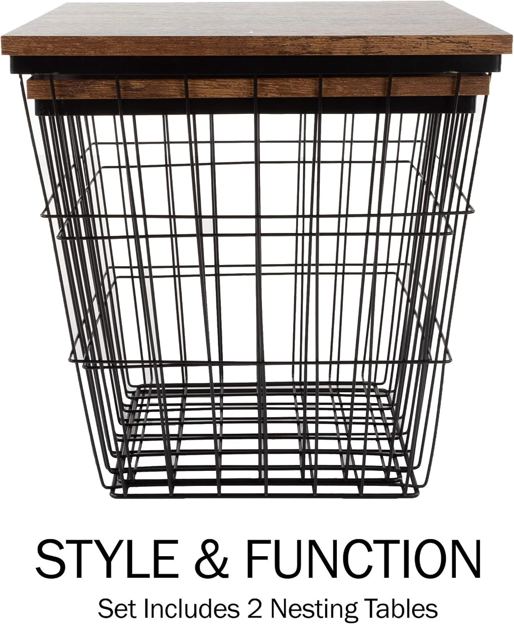 End Tables Set of 2 - Nesting Tables with Removable Wood Tops and Metal Basket Bases for Blanket Storage - Square Side Furniture for Living Room, Bedroom, or Home Office by Lavish Home (Brown)