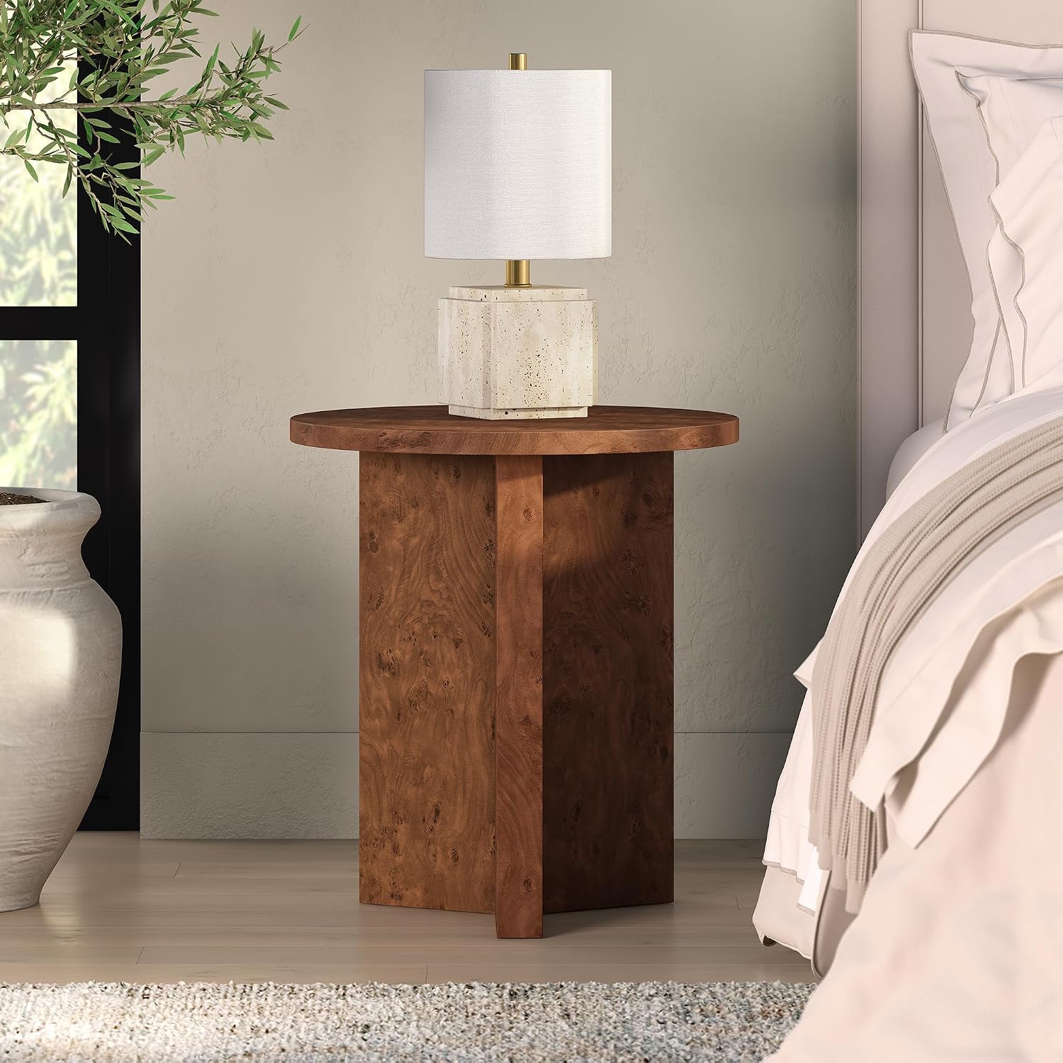 Henn&Hart 20' Scandinavian Round Wooden End Table, Side Table, Nightstand with X-Base for Living Room, Office, Family Room, or Bedroom, Chestnut Burl