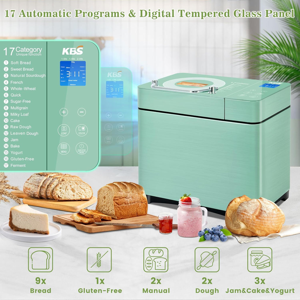 KBS 2.2LB Bread Maker, 710W Convection Bread Machine with Dual Heaters, Healthy Nonstick Ceramic Pan, Auto Nut Dispenser, 17-in-1 Bread Maker Machine for Gluten-Free, Touchscreen, 15H Delay Timer
