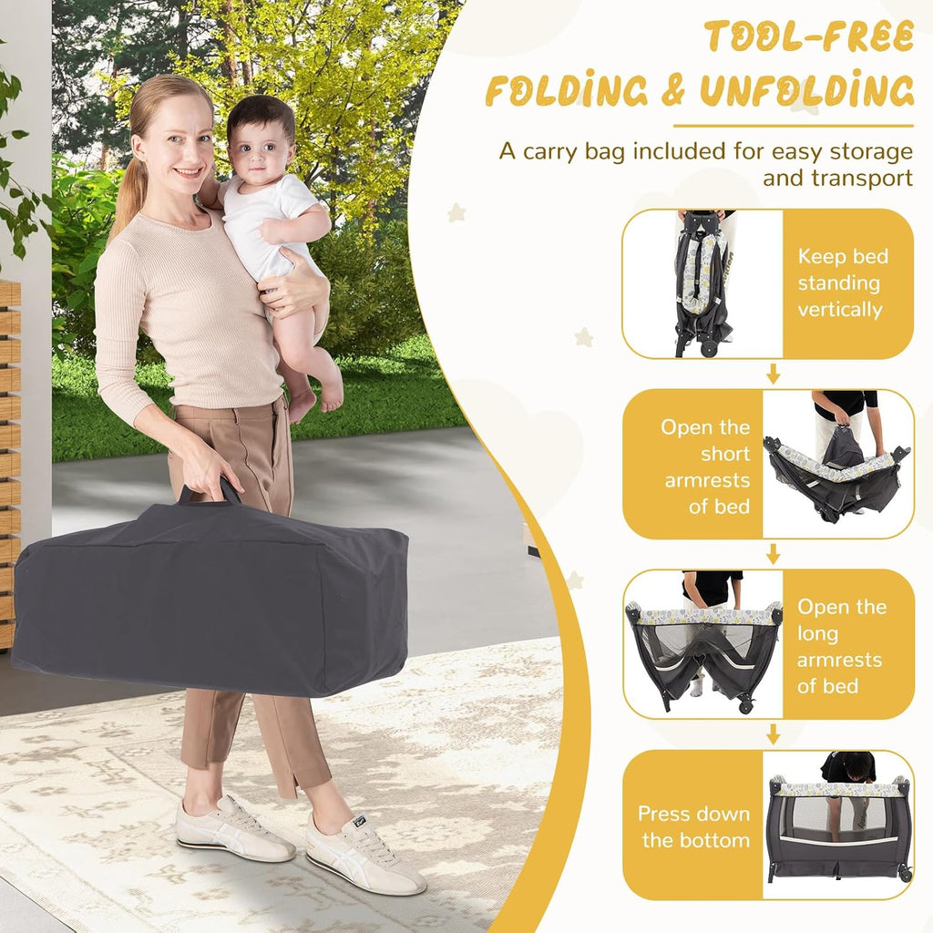 HONEY JOY Pack and Play, 4 in 1 Portable Baby Crib Playpen w/Bassinet, Changing Table, Canopy, Mattress, Music Box, Storage Bag, Foldable Pack and Play for Infant Boys Girls