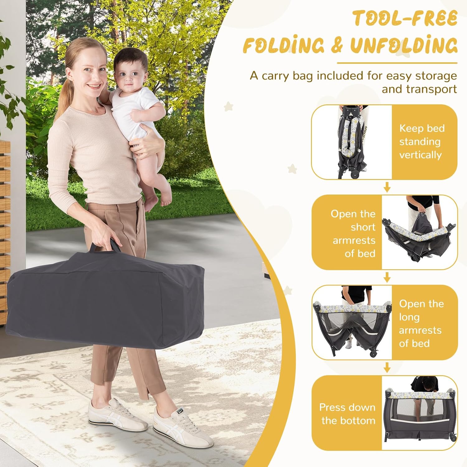 HONEY JOY Pack and Play, 4 in 1 Portable Baby Crib Playpen w/Bassinet, Changing Table, Canopy, Mattress, Music Box, Storage Bag, Foldable Pack and Play for Infant Boys Girls
