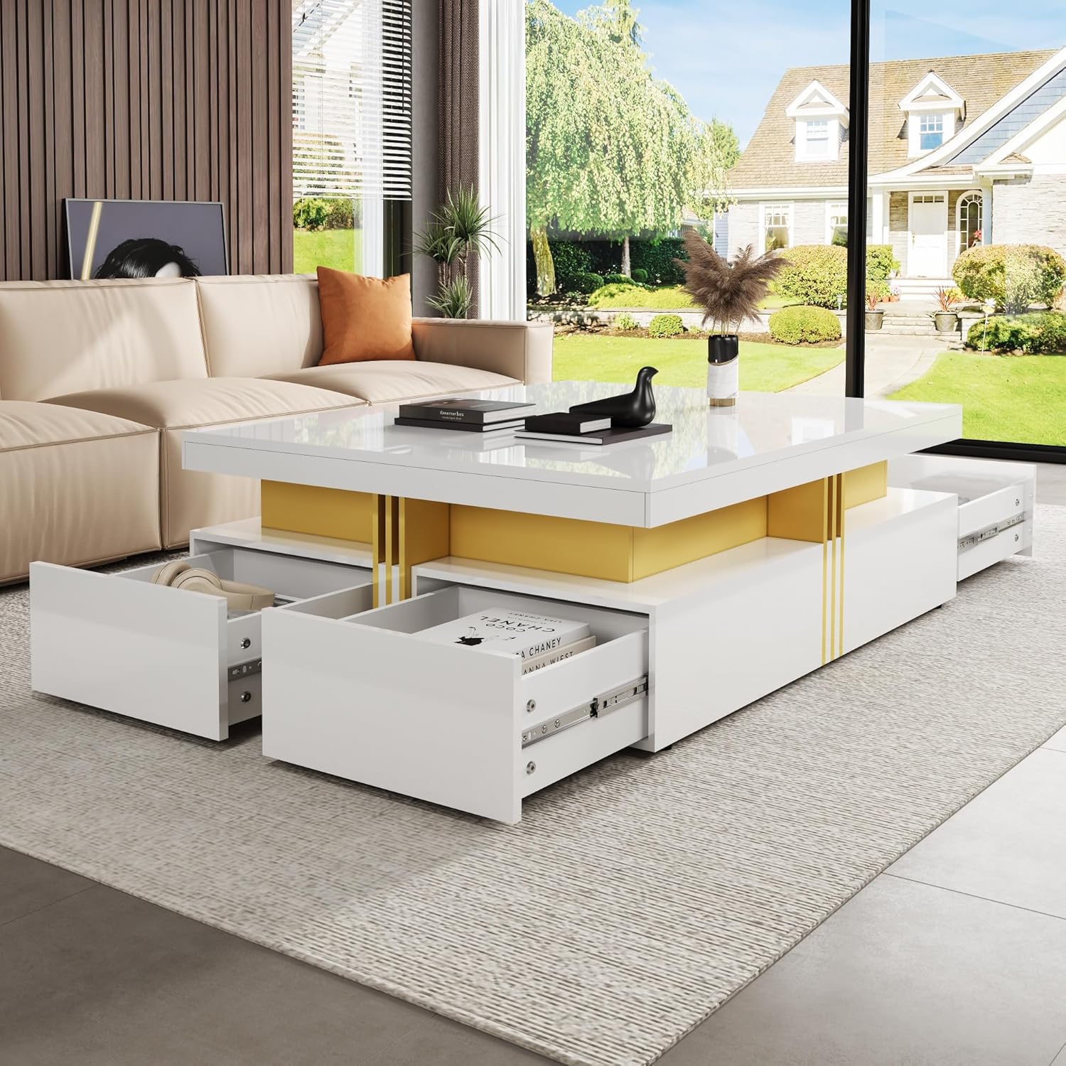 Merax 43.3' Modern Glossy Square Storage Coffee Table with 4 Drawers, Gold Accents, Functional Center Tables for Living Room Apartment, Glossy White